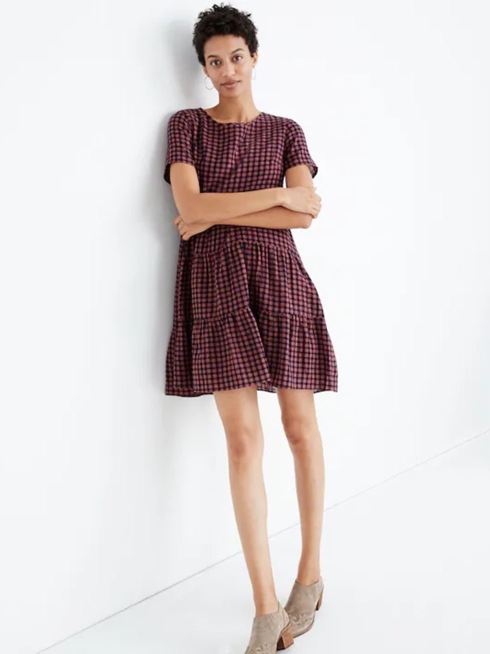 Madewell Short Sleeve Tiered Mini Dress Gingham Check XS